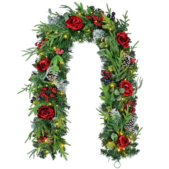 Puleo International 6Ft Pre-Lit Pine & Cedar with Pinecones, Roses & Leaves Artificial Christmas Garland in White | 6 ft | Michaelsยฎ